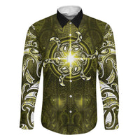 New Zealand Matariki Hiwaiterangi Family Matching Puletasi and Hawaiian Shirt Maori Moko Yellow Galaxy LT05 Dad's Shirt - Long Sleeve Yellow - Polynesian Pride