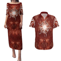 New Zealand Matariki Pohutukawa Couples Matching Puletasi and Hawaiian Shirt Maori Moko Red Galaxy