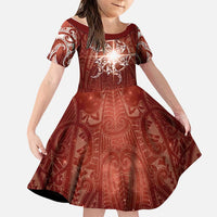 New Zealand Matariki Pohutukawa Family Matching Off The Shoulder Long Sleeve Dress and Hawaiian Shirt Maori Moko Red Galaxy