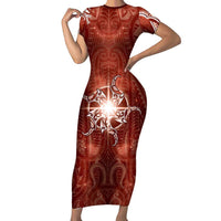 New Zealand Matariki Pohutukawa Short Sleeve Bodycon Dress Maori Moko Red Galaxy