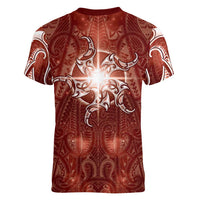 New Zealand Matariki Pohutukawa Women V-Neck T-Shirt Maori Moko Red Galaxy