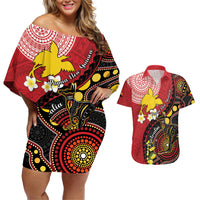 Papua New Guinea And Australia Aboriginal Couples Matching Off Shoulder Short Dress and Hawaiian Shirt Bird Of Paradise And Kangaroo Together