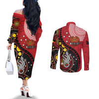 Papua New Guinea And Australia Aboriginal Couples Matching Off The Shoulder Long Sleeve Dress and Long Sleeve Button Shirt Bird Of Paradise And Kangaroo Together