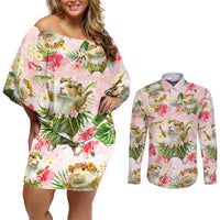 Hawaii Guinea Hula Pig Couples Matching Off Shoulder Short Dress and Long Sleeve Button Shirt Funny Tropical Style