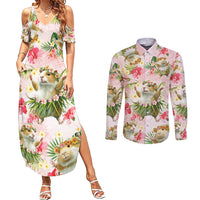 Hawaii Guinea Hula Pig Couples Matching Summer Maxi Dress and Long Sleeve Button Shirt Funny Tropical Style