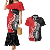 New Zealand Aotearoa Couples Matching Mermaid Dress and Hawaiian Shirt Kiwi Fern Maori Pattern Red Version