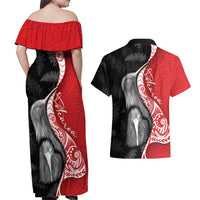 New Zealand Aotearoa Couples Matching Off Shoulder Maxi Dress and Hawaiian Shirt Kiwi Fern Maori Pattern Red Version