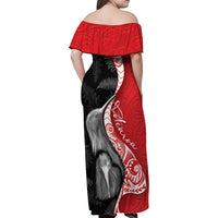 New Zealand Aotearoa Family Matching Off Shoulder Maxi Dress and Hawaiian Shirt Kiwi Fern Maori Pattern Red Version