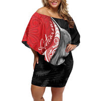 New Zealand Aotearoa Family Matching Off Shoulder Short Dress and Hawaiian Shirt Kiwi Fern Maori Pattern Red Version