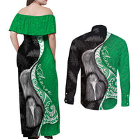 New Zealand Aotearoa Couples Matching Off Shoulder Maxi Dress and Long Sleeve Button Shirt Kiwi Fern Maori Pattern Green Version