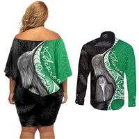New Zealand Aotearoa Couples Matching Off Shoulder Short Dress and Long Sleeve Button Shirt Kiwi Fern Maori Pattern Green Version