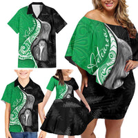 New Zealand Aotearoa Family Matching Off Shoulder Short Dress and Hawaiian Shirt Kiwi Fern Maori Pattern Green Version