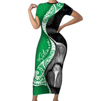 New Zealand Aotearoa Family Matching Short Sleeve Bodycon Dress and Hawaiian Shirt Kiwi Fern Maori Pattern Green Version