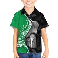 New Zealand Aotearoa Family Matching Short Sleeve Bodycon Dress and Hawaiian Shirt Kiwi Fern Maori Pattern Green Version