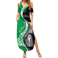 New Zealand Aotearoa Family Matching Summer Maxi Dress and Hawaiian Shirt Kiwi Fern Maori Pattern Green Version