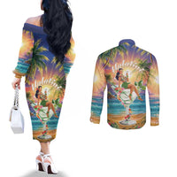 Aloha Hawaii Couples Matching Off The Shoulder Long Sleeve Dress and Long Sleeve Button Shirt Hula Martini Tropical Vibes - Polynesian Pride