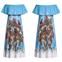 New Zealand Birds Christmas Family Matching Off Shoulder Maxi Dress and Hawaiian Shirt Pohutukawa Xmas Tree LT05 Mom's Dress Blue - Polynesian Pride
