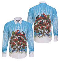 New Zealand Birds Christmas Family Matching Off Shoulder Maxi Dress and Hawaiian Shirt Pohutukawa Xmas Tree LT05 Dad's Shirt - Long Sleeve Blue - Polynesian Pride