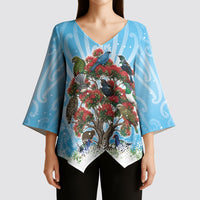 New Zealand Birds Christmas Kimono Sleeve Blouse Pohutukawa Xmas Tree