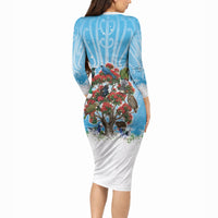 New Zealand Birds Christmas Long Sleeve Bodycon Dress Pohutukawa Xmas Tree LT05 - Polynesian Pride