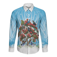 New Zealand Birds Christmas Long Sleeve Button Shirt Pohutukawa Xmas Tree LT05 Unisex Blue - Polynesian Pride