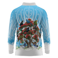 New Zealand Birds Christmas Long Sleeve Polo Shirt Pohutukawa Xmas Tree