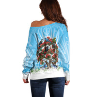 New Zealand Birds Christmas Off Shoulder Sweater Pohutukawa Xmas Tree
