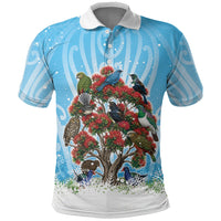 New Zealand Birds Christmas Polo Shirt Pohutukawa Xmas Tree LT05 Blue - Polynesian Pride