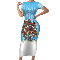 New Zealand Birds Christmas Short Sleeve Bodycon Dress Pohutukawa Xmas Tree