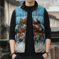 New Zealand Birds Christmas Sleeveless Puffer Jacket Pohutukawa Xmas Tree