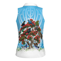 New Zealand Birds Christmas Women Sleeveless Polo Shirt Pohutukawa Xmas Tree