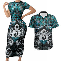 New Zealand Maori Couples Matching Short Sleeve Bodycon Dress and Hawaiian Shirt Poutama Pikorua - Single Twist Paua Shell LT05 Turquoise - Polynesian Pride