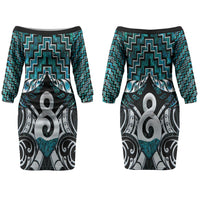 New Zealand Maori Family Matching Off The Shoulder Long Sleeve Dress and Hawaiian Shirt Poutama Pikorua - Single Twist Paua Shell