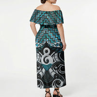 New Zealand Maori Off Shoulder Maxi Dress Poutama Pikorua - Single Twist Paua Shell