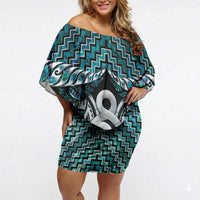 New Zealand Maori Off Shoulder Short Dress Poutama Pikorua - Single Twist Paua Shell