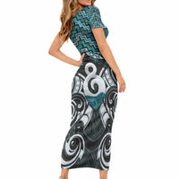 New Zealand Maori Short Sleeve Bodycon Dress Poutama Pikorua - Single Twist Paua Shell