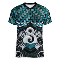 New Zealand Maori Women V-Neck T-Shirt Poutama Pikorua - Single Twist Paua Shell