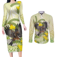 New Zealand Piwakawaka Fantail Bird Couples Matching Long Sleeve Bodycon Dress and Long Sleeve Button Shirt With Kowhai Flowers