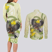 New Zealand Piwakawaka Fantail Bird Couples Matching Long Sleeve Bodycon Dress and Long Sleeve Button Shirt With Kowhai Flowers