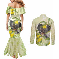 New Zealand Piwakawaka Fantail Bird Couples Matching Mermaid Dress and Long Sleeve Button Shirt With Kowhai Flowers