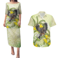 New Zealand Piwakawaka Fantail Bird Couples Matching Puletasi and Hawaiian Shirt With Kowhai Flowers