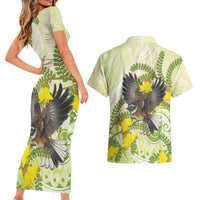 New Zealand Piwakawaka Fantail Bird Couples Matching Short Sleeve Bodycon Dress and Hawaiian Shirt With Kowhai Flowers