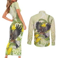 New Zealand Piwakawaka Fantail Bird Couples Matching Short Sleeve Bodycon Dress and Long Sleeve Button Shirt With Kowhai Flowers