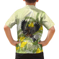 New Zealand Piwakawaka Fantail Bird Family Matching Off The Shoulder Long Sleeve Dress and Hawaiian Shirt With Kowhai Flowers LT05 - Polynesian Pride