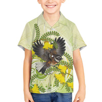 New Zealand Piwakawaka Fantail Bird Family Matching Off The Shoulder Long Sleeve Dress and Hawaiian Shirt With Kowhai Flowers LT05 Son's Shirt Green - Polynesian Pride