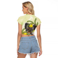 New Zealand Piwakawaka Fantail Bird Raglan Cropped T Shirt With Kowhai Flowers