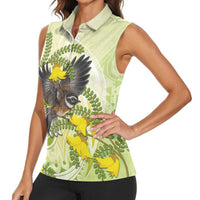 New Zealand Piwakawaka Fantail Bird Women Sleeveless Polo Shirt With Kowhai Flowers