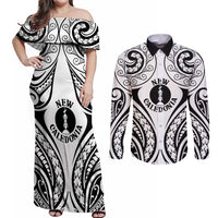 New Caledonia Day Couples Matching Off Shoulder Maxi Dress and Long Sleeve Button Shirt Polynesian Curves White Color - Polynesian Pride