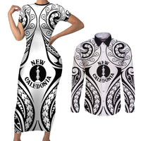New Caledonia Day Couples Matching Short Sleeve Bodycon Dress and Long Sleeve Button Shirt Polynesian Curves White Color - Polynesian Pride