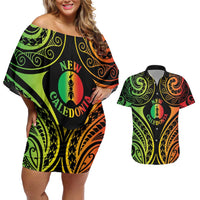 New Caledonia Day Couples Matching Off Shoulder Short Dress and Hawaiian Shirt Polynesian Curves Reggae Color - Polynesian Pride